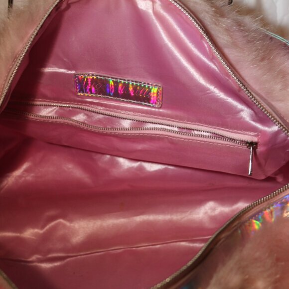 SOLD-Dolls Kill Cotton Candy Pink Fuzzy Faux Fur Holographic Weekender Bag - Picture 8 of 12
